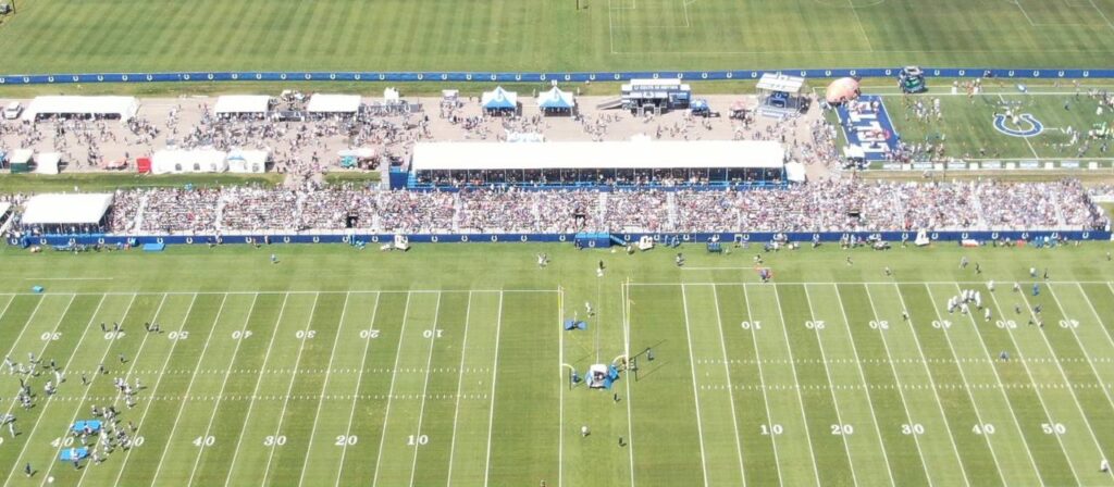 Temporary event seating and hospitality grandstands at the Indianapolis Colts training camp in Indianapolis, Indiana