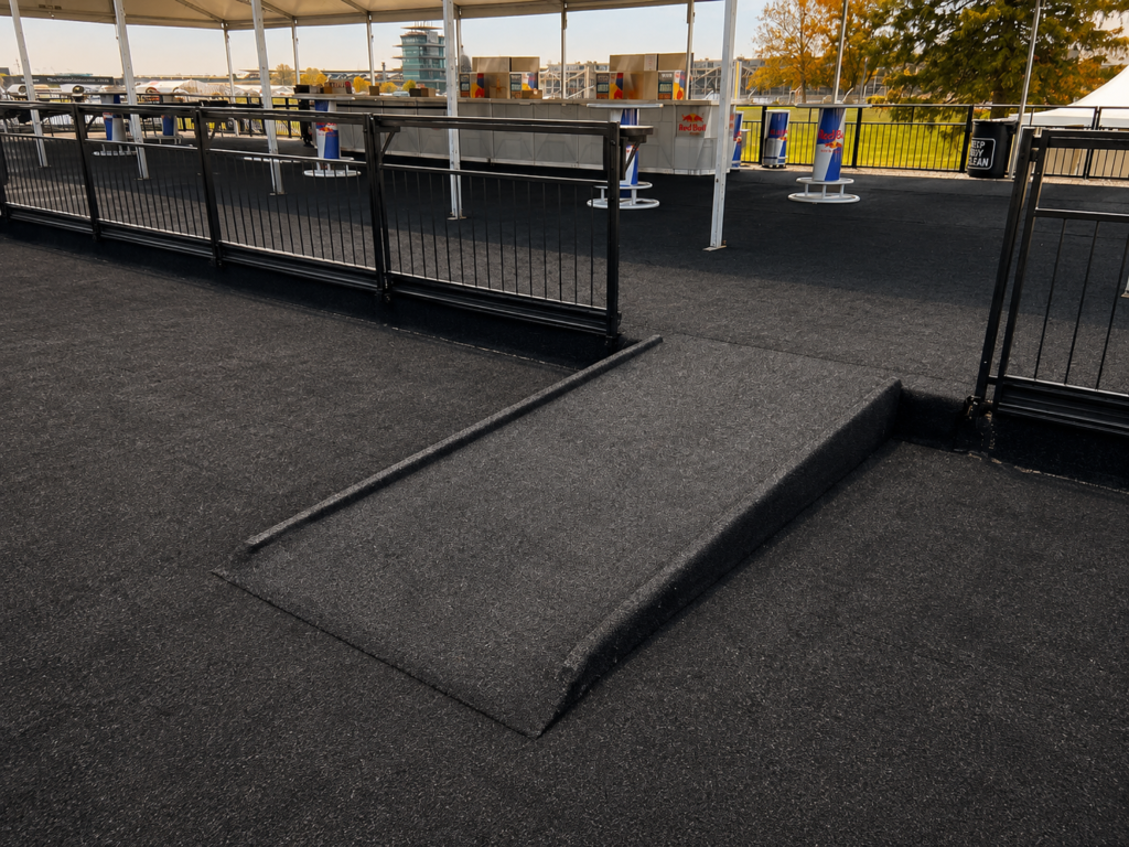 Temporary event flooring and ADA access ramp for Red Bull hospitality tent