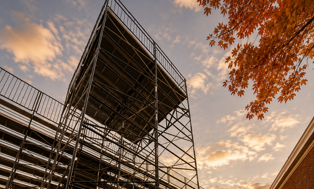 Elevated media camera tower overlooking temporary bleachers at Wabash College in Crawfordsville, Indiana