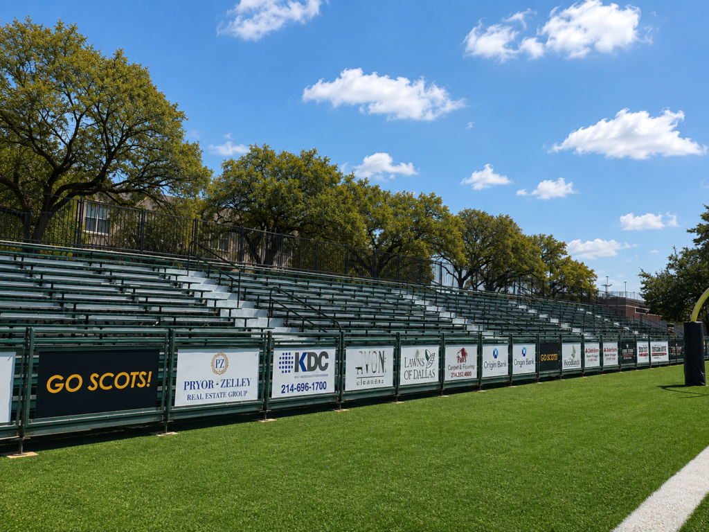 Temporary bleacher seating with sponsor signage at Highland Park Scots athletic field in Dallas, Texas