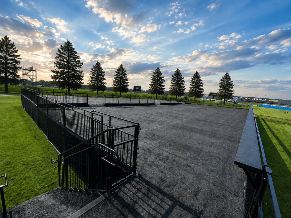 Temporary event platform with stairs, safety railings, and black flooring at Indianapolis Motor Speedway in Indianapolis, Indiana